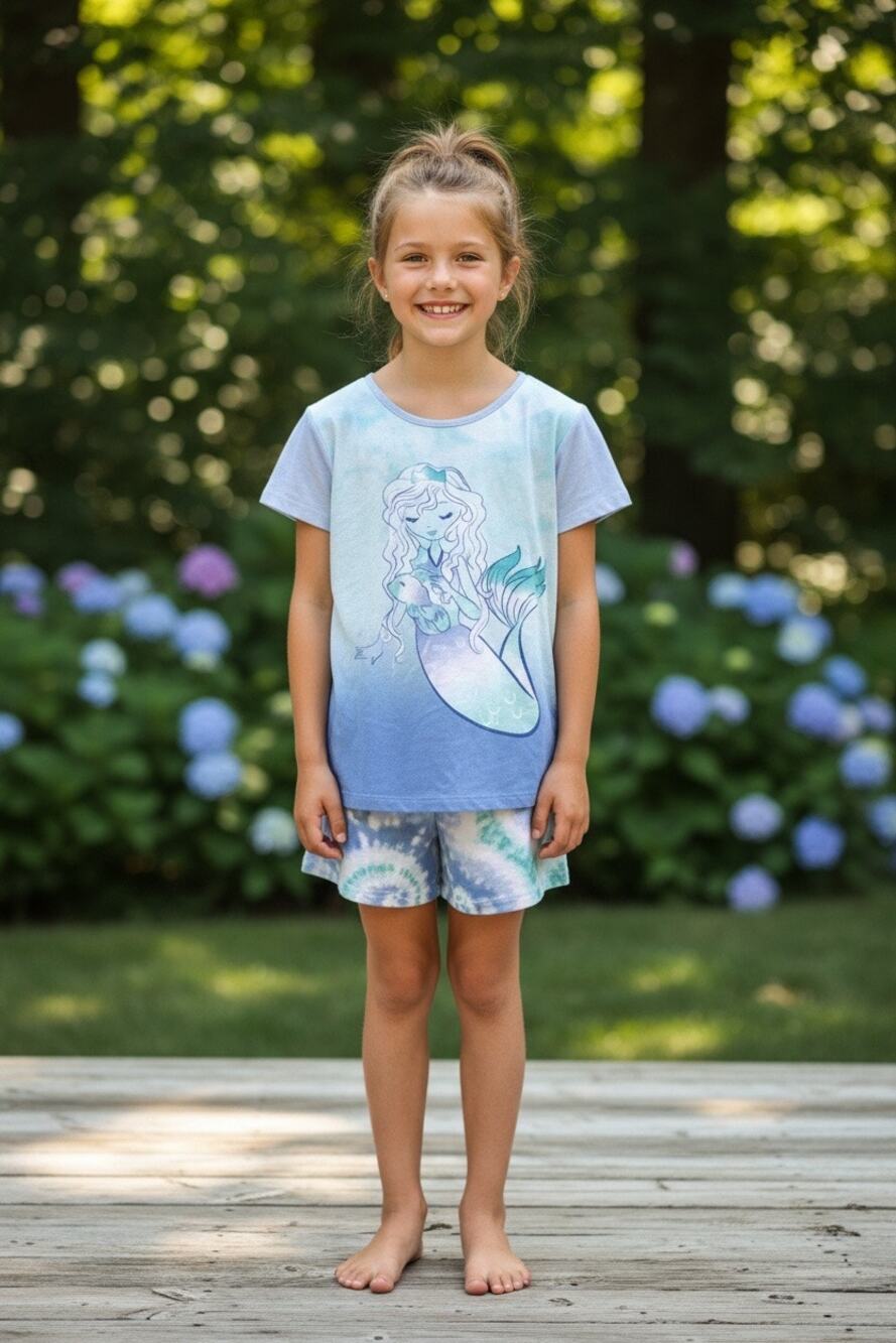 Wonder Nation Girls Mermaid Tie Dye Pajama Set Shirt Shorts Size L 10-12